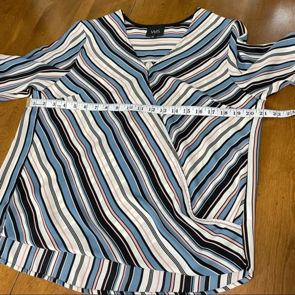 W5 Women’s Blue Stripe Tie Sleeve V‎ Neck Faux Wrap Boho Blouse Top Shirt Size M